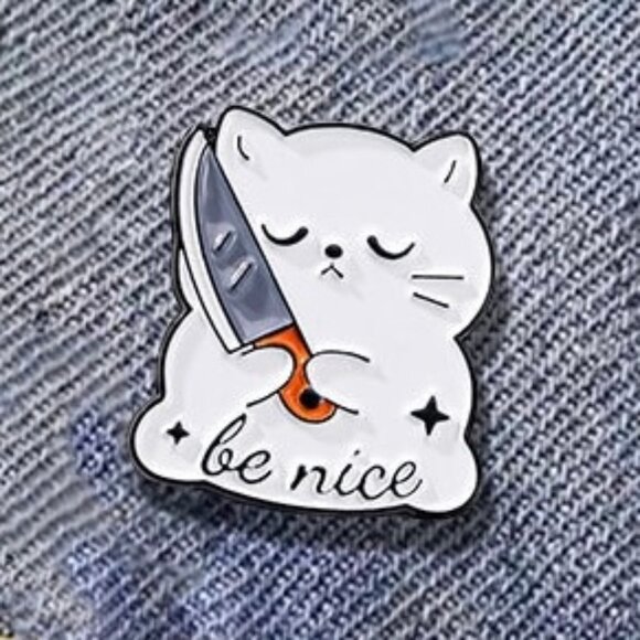 Set of 2 Say That Again Cat With Knife Enamel Lapel Pin Be Nice White Cat Pin - Picture 11 of 11